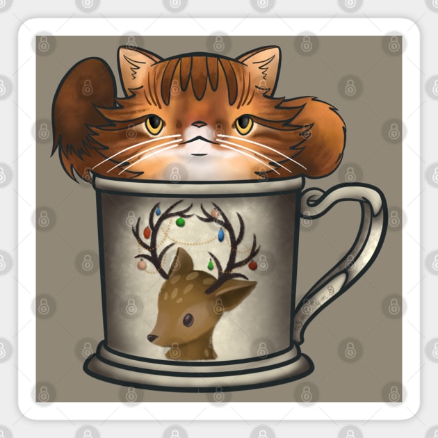 Fluffy Orange Tabby in a Reindeer Holiday Mug for Christmas Magnet by SamInJapan